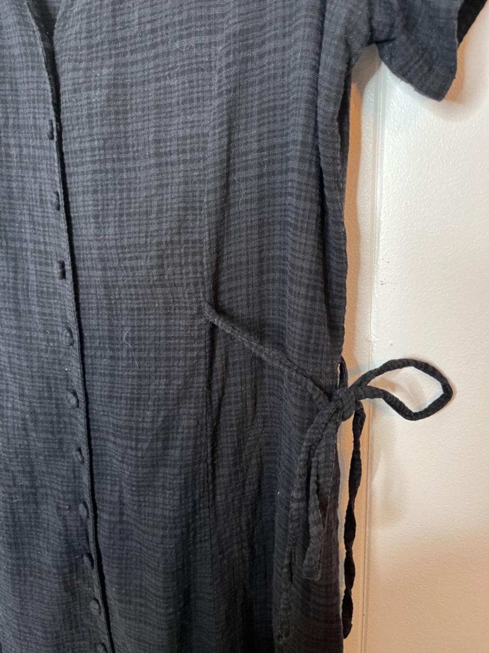 Odd Bird Dilek Dress Short Sleeve Button Front Side ties Black Plaid - Picture 4 of 10
